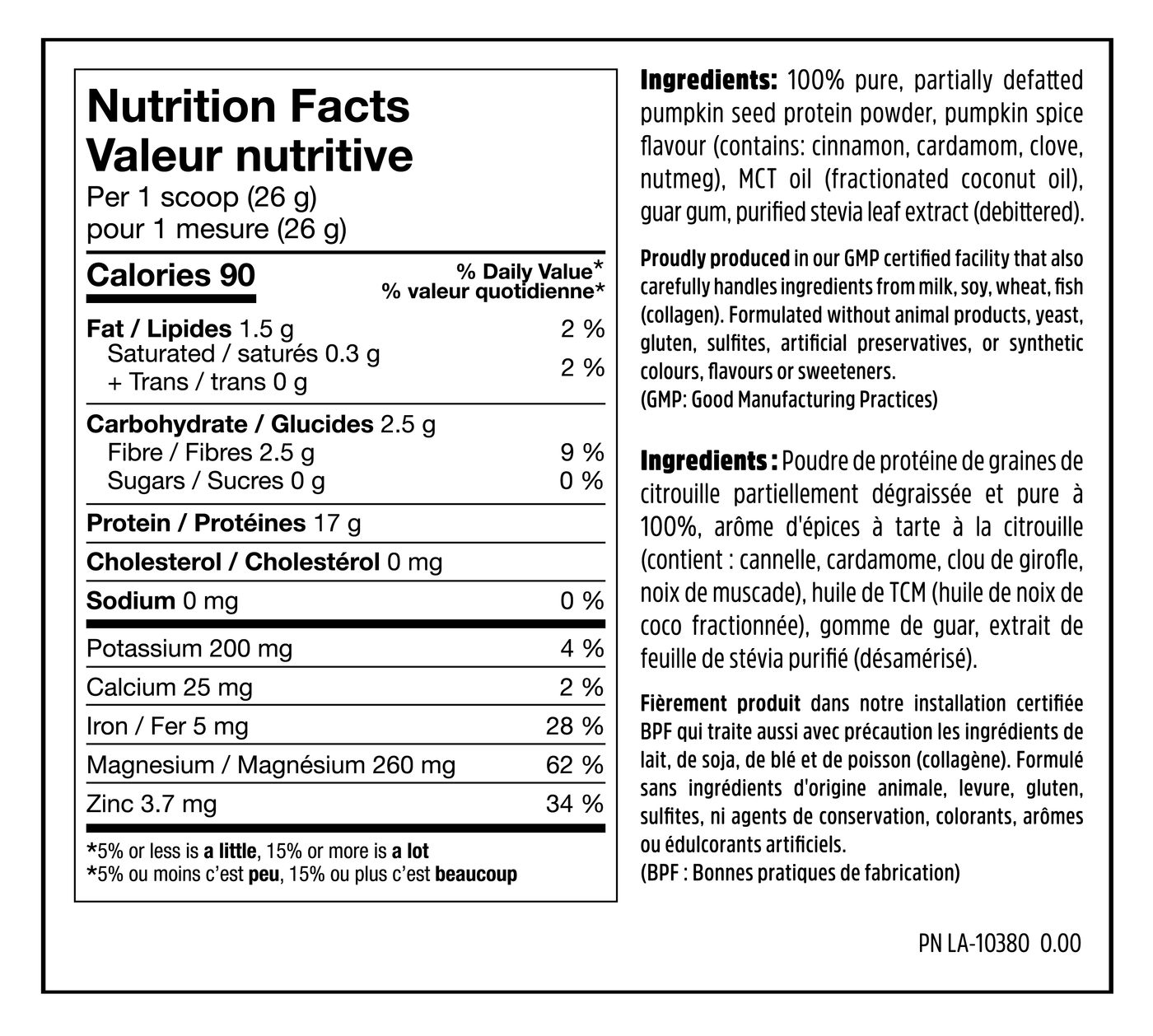 Cold Pressed Pumpkin Protein - 340g - Pumpkin Spice - Nutrition Facts
