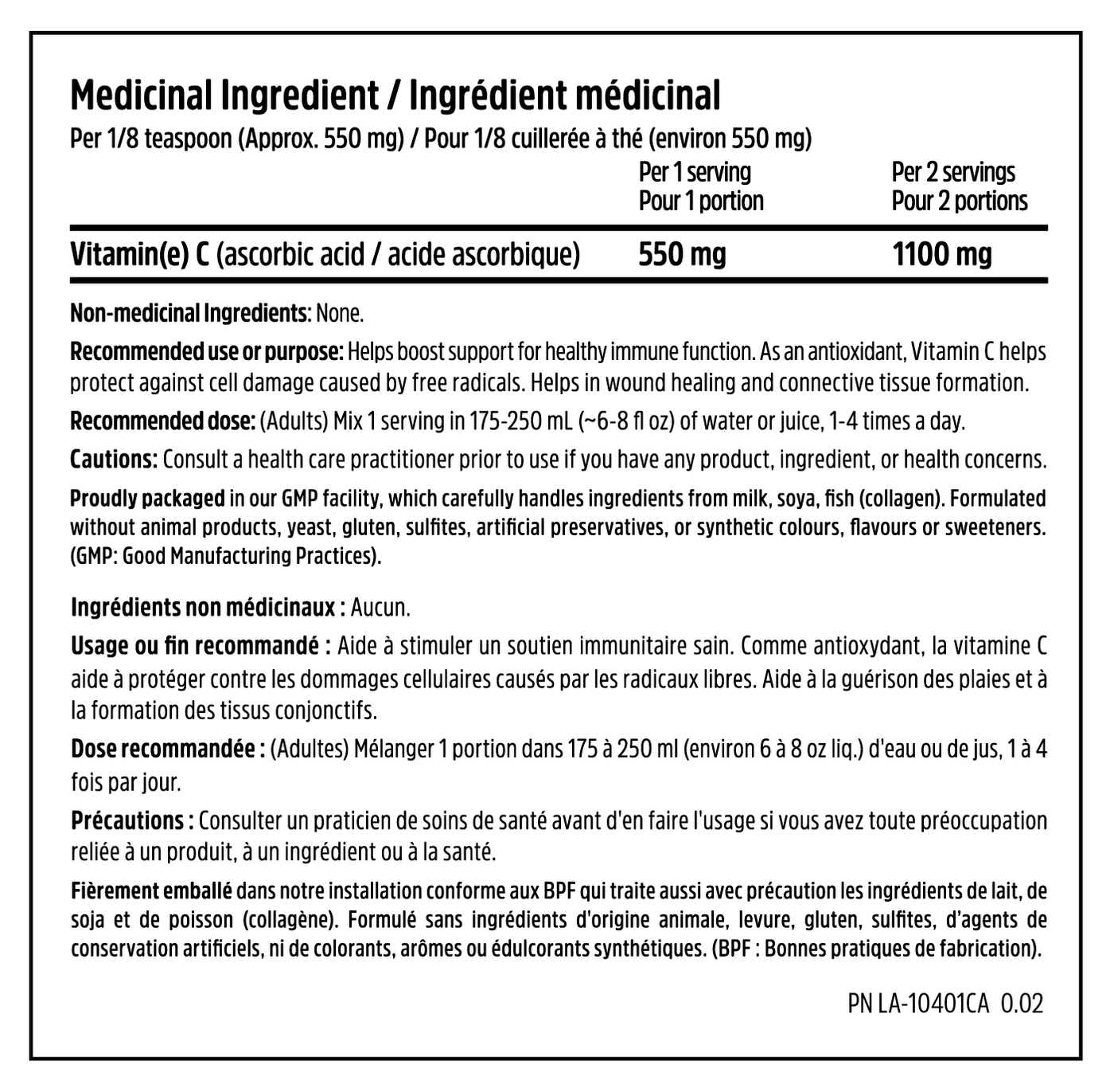 Pure Immuno-c - 454g - Unflavoured - Nutrition Facts